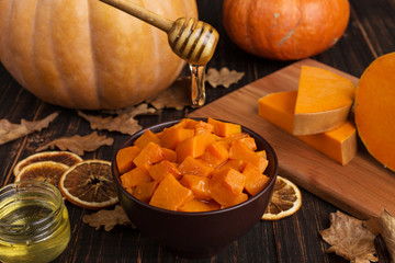 Baked pumpkin with honey, a dish for Thanksgiving.
