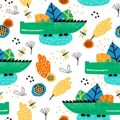 Wall murals Jungle  children room Seamless pattern with cute alligator and tropical plants. Vector texture in childish style great for fabric and textile, wallpapers, backgrounds. Creative jungle childish texture.