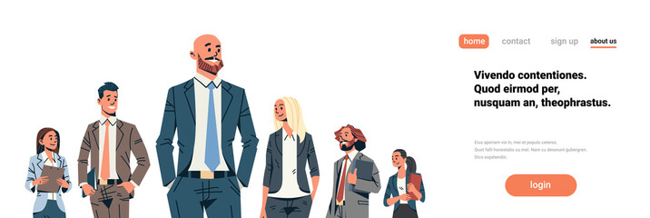 business people team leader businessmen women standing together leadership concept male female cartoon character portrait isolated horizontal banner flat copy space vector illustration