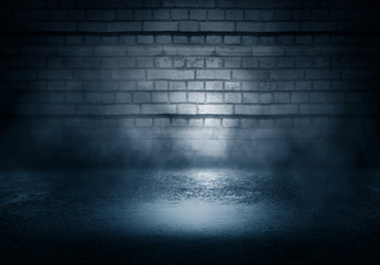 Background of an empty dark-black room. Empty brick walls, lights, smoke, glow, rays