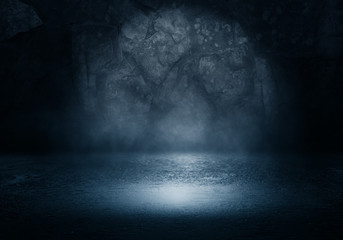 Background of an empty dark room. Empty walls, lights, smoke, glow, rays