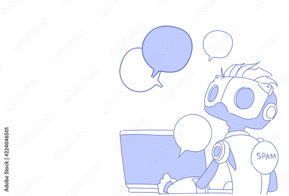 Poster chat bot using laptop computer robot virtual assistance online support speech bubble communication a