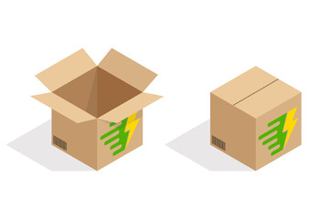 Fototapeta premium Fast delivery logo with package in isometric style. 