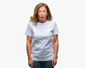 Obraz premium Middle age senior hispanic woman over isolated background afraid and shocked with surprise expression, fear and excited face.