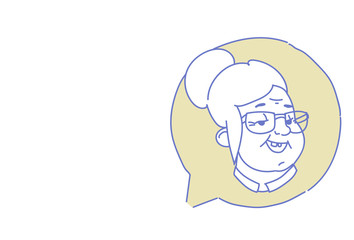senior female head chat bubble profile icon elderly woman avatar support service call center concept sketch doodle character portrait horizontal vector illustration