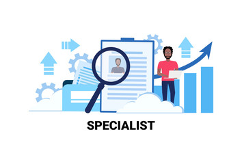 businessman hr using laptop searching resume specialist candidate vacancy job business concept flat horizontal african american male cartoon character vector Illustration