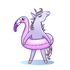 A beautiful unicorn with flamingo swimming ring. inscription summer time