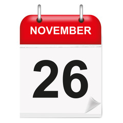 Fototapeta premium Daily single-leaf calendar, red spine, 3d, month of November,twenty-sixth,26th
