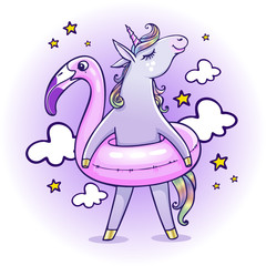 A beautiful unicorn with flamingo swimming ring. inscription summer time