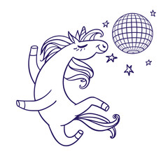 The cartoon unicorn on the disco. Vector illustration