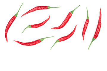 red hot chili peppers isolated on white background with copy space for your text. Top view. Flat lay pattern