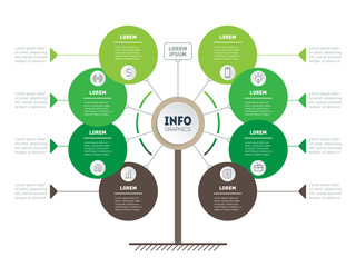 Vertical Timeline infographics. Tree of development and growth of the eco business. Green Infographic of tendencies and trends. Business presentation concept with 8 options, parts, steps or processes.