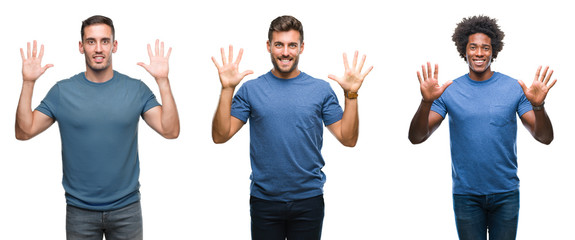 Collage of group of hispanic and african american men over isolated background showing and pointing up with fingers number ten while smiling confident and happy.