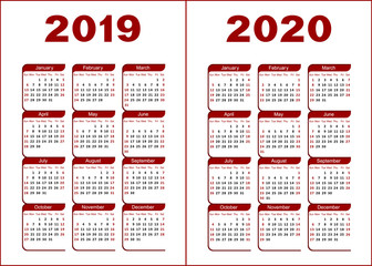 Calendar for 2019, 2020. Red and black letters and figures on a white background. 