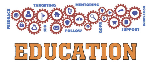 EDUCATION Gears mechanism Hi tech web concept. Tags and icons cloud 