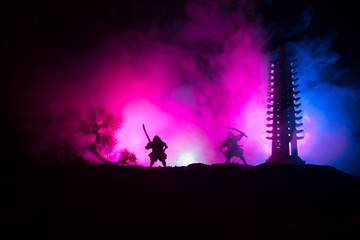 Samurai fighting concept. Silhouette of samurais in duel near tree and old temple. Picture with two...