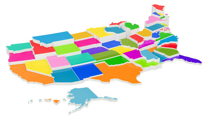 Colored United States of America map with state borders, 3D rendering