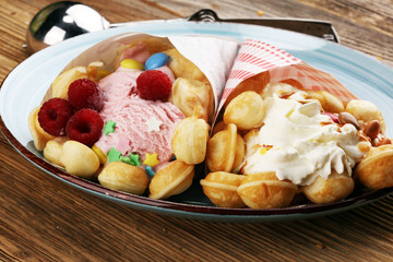 Hong Kong style egg waffle on wooden board. bubble waffle