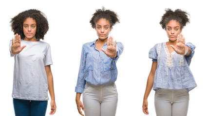 Collage of african american woman over isolated background doing stop sing with palm of the hand. Warning expression with negative and serious gesture on the face.