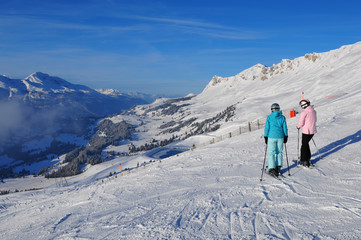 Fototapeta na wymiar Panoramic swiss alps mountain view from Rothorn ski area at the famous Swiss Alps Wintersport region Lenzerheide