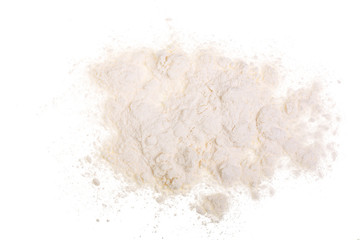 Pile of wheat flour isolated on white background. Top view. Flat lay