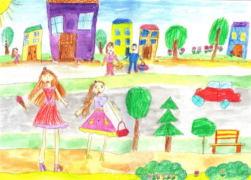 Children drawing happy family, building, car