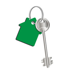 Key house on the ring with a green key fob, rental of property, concept of sale purchase of real estate