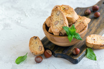 Bowl of Italian cookies with almonds and hazelnuts.