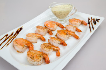 Seafood. Fast food. Royal Shrimps with Milk Sauce