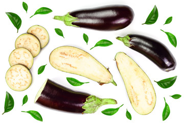 eggplant or aubergine isolated on white background. Top view. Flat lay pattern