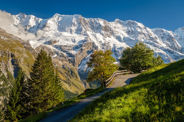 Spectacular mountain views near the town of Murren (Berner Oberland, Switzerland). Murren is a traditional mountain village on 1,650 m and is unreachable by public road.
