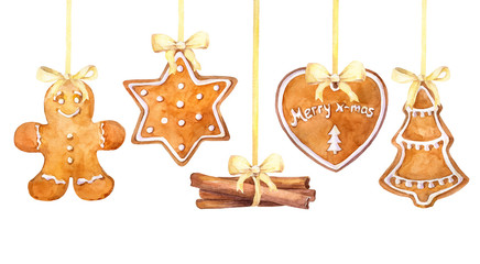 Christmas gingerbread cookies and cinnamon sticks hanging border on a white background. Watercolor hand drawn illustration. - obrazy, fototapety, plakaty