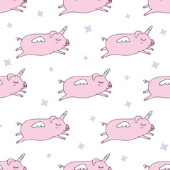 Seamless pattern background. Cute pig as pegasus and unicorn.