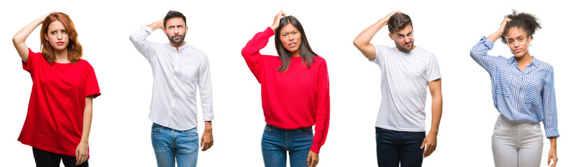 Collage of group chinese, indian, hispanic people over isolated background confuse and wonder about...