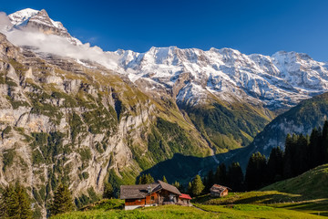 Spectacular mountain views near the town of Murren (Berner Oberland, Switzerland). Murren is a...