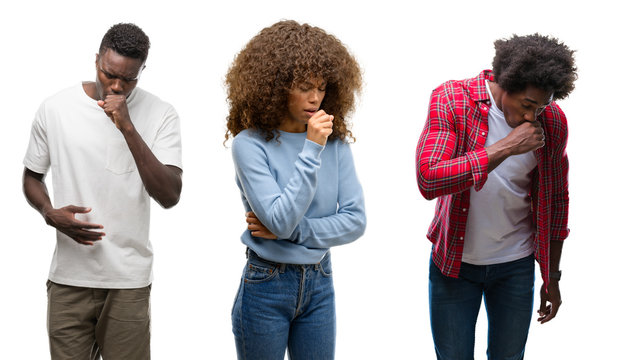 Collage of african american group of people over isolated background feeling unwell and coughing as symptom for cold or bronchitis. Healthcare concept.