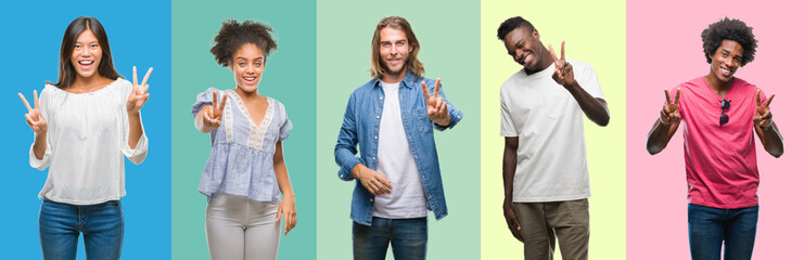 Composition of african american, hispanic and chinese group of people over vintage color background...