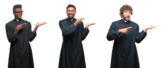 Collage of christian priest men over isolated background amazed and smiling to the camera while presenting with hand and pointing with finger.