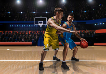 two basketball players in scrimmage during basketball match