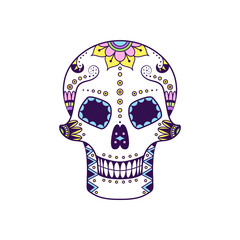 Vector colorful sugar skull with doodle floral pattern. Illustration for Mexican Day of the Dead Celebration Festival. Dia de Muertos sugar skull