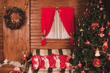 Christmas and New Year decorated interior room with New year tree
