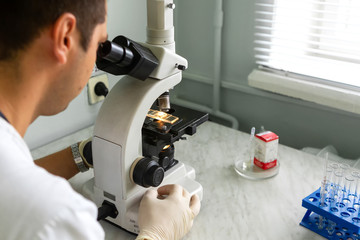 Microscope. Real medical equipment for blood analysis.