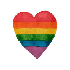 Rainbow watercolor heart. LGBT heart shape. Hand painted rainbow. Tolerance day card. Vector illustration