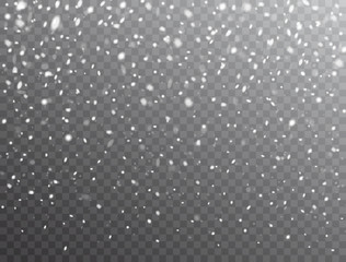 Snow background. Realistic falling snow. Christmas background with snow on transparent background. Frost storm, snowfall effect. Vector illustration