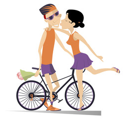 Fototapeta premium Woman kissing a cyclist man who has won the race illustration. Young woman kissing a cyclist with the bike and bunch of flowers isolated on white illustration