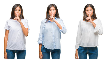Obraz premium Collage of asian young woman standing over white isolated background asking to be quiet with finger on lips. Silence and secret concept.