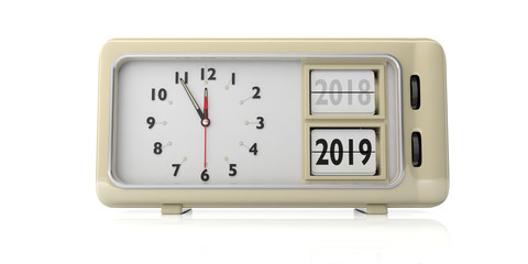 Retro alarm clock year change from 2018 to 2019, midnight, isolated on white background. 3d illustration