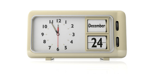Retro alarm clock with Christmas eve date, December 24th isolated on white background. 3d illustration