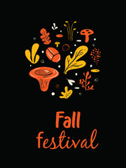 Fall festival poster. Poster, banner, card template. Illustration of mushrooms, herbs and bugs.