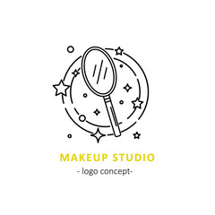 Make up studio. Logo concept.Illustration of mirror. Line art style.